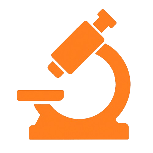 Orange microscope icon representing inspection and R&D