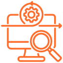 Magnifying glass with gear – research, testing, or QA