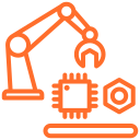 Industrial automation icon with robotic arm and chip