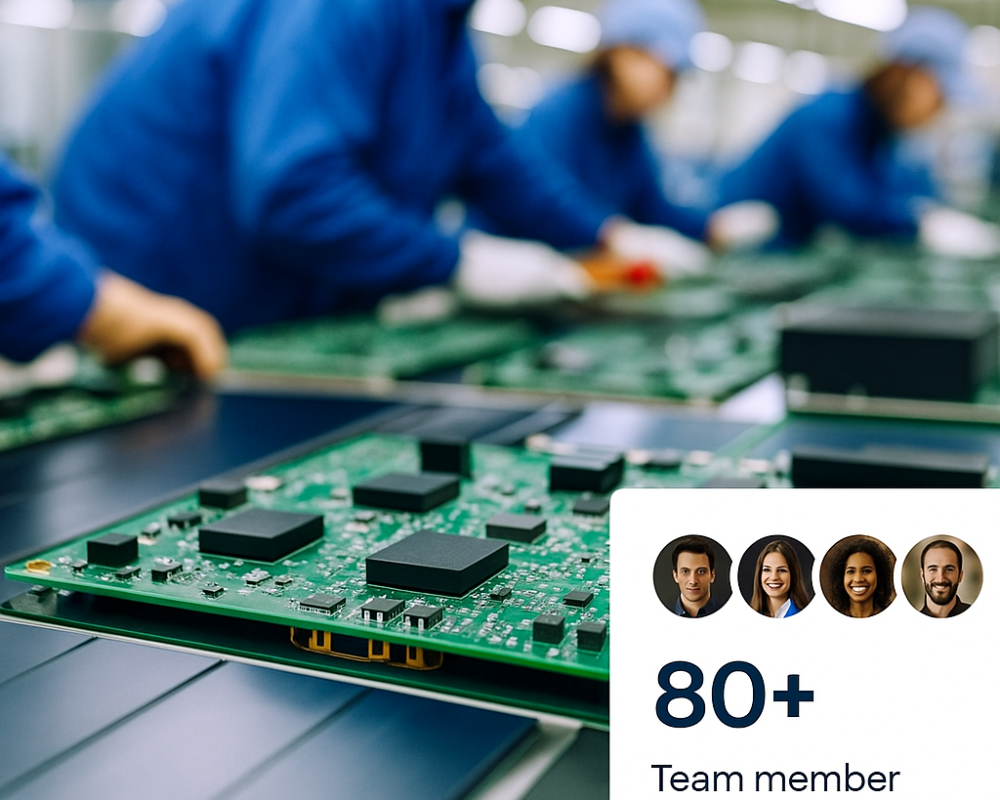 Electronic assembly line with workers in blue uniforms placing components on green PCBs